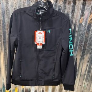 Cinch Black Softshell Jacket with Teal Logo and Sleeve Lettering